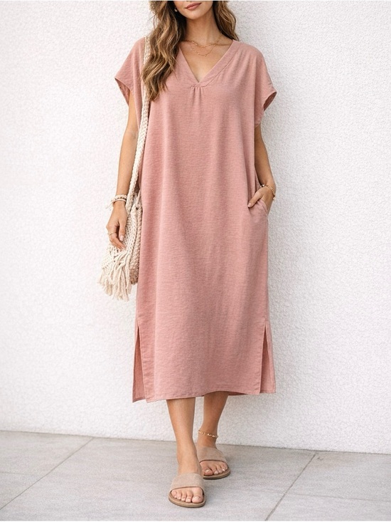 Jade By Jane Dresses & Skirts - Jade by Jane Dusty Rose Pink Shift Dress Boho Minimalist Midi Tunic Pockets M